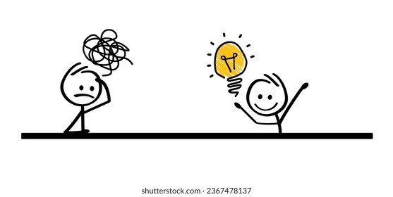 Cartoon think big idea lamp with brain. Happy stickman and light bulb or chaos icon. Comic stick figures and scribbles man. Vector bulb an idea concept sign. Thinking or brainstorming ideas brain.