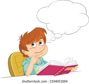 Cartoon thinking boy with book. 
Colour vector illustration of a cartoon boy reading a book
with thought bubble. 