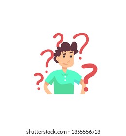 Cartoon thinking man with question mark vector illustration. Man and question 