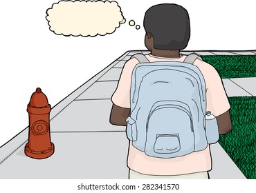 Cartoon of thinking person with backpack on sidewalk