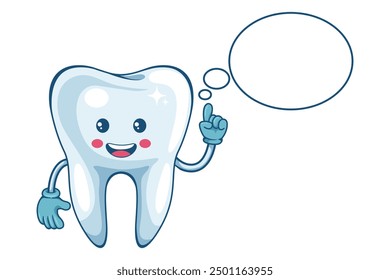 Cartoon of thinking tooth with a comic dialogue cloud. Prevention, diagnosis and treatment of tooth and gum diseases. Dental hygiene and oral care. Tooth decay prevention. Health and medicine concept