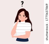 Cartoon thinking woman with question mark vector illustration. Female is confusing. Portrait of thoughtful girl. smart women thinking or solving problem. Pensive girl surrounded by thought bubbles