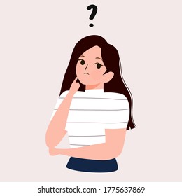 Cartoon thinking woman with question mark vector illustration. Female is confusing. Portrait of thoughtful girl. smart women thinking or solving problem. Pensive girl surrounded by thought bubbles