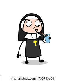 Cartoon Thirsty Nun Drinking Energy-Drink Vector