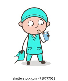 Cartoon Thirsty Surgeon Drinking Beverage Vector Illustration