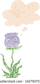cartoon thistle with thought bubble in grunge distressed retro textured style