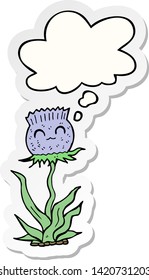 cartoon thistle with thought bubble as a printed sticker