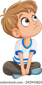 Caricatura de un niño considerado sentado con las piernas cruzadas