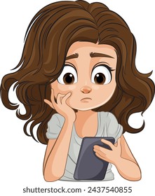 Cartoon of a thoughtful girl holding a mobile phone