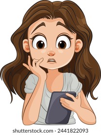 Cartoon of a thoughtful girl holding a mobile device