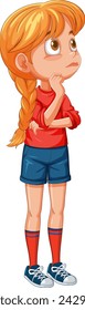 Cartoon of thoughtful girl standing with hand on chin