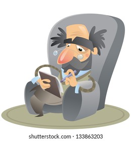 Cartoon thoughtful psychologist sitting on an arm chair keeping notes