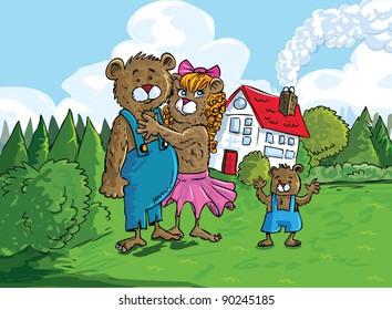 Cartoon of the three bears in front of the bears house