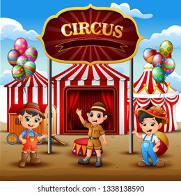 Cartoon three boys standing in on the circus arena