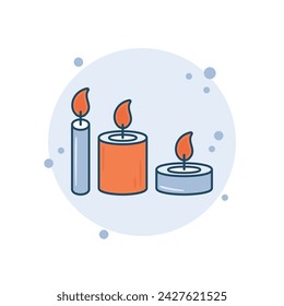 Ilustración vectorial de icono de tres velas de dibujos animados. Luz de la vela en el fondo de burbujas. Concepto de signo de llama.