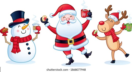 Cartoon of three cheerful Christmas characters, Santa Claus, snowman, and reindeer with Christmas cookies and mugs and cups of steaming hot cocoa.