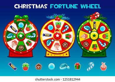 Cartoon Three Christmas Roulette Options. Holiday Icons, Vector Game Assets, GUI Active, UI