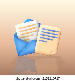 Cartoon three dimensional yellow note and blue envelope with white paper sheet inside. Cartoon vector illustration with letter and documents. 3d rendering business icon with reflection. 