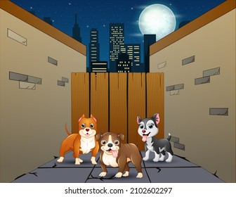 Cartoon three dogs in a small street alley at night