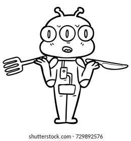 cartoon three eyed alien with knife and fork