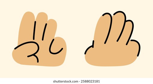 Cartoon Three Fingers Up Hand Gesture Vector Illustration on Beige Background, Set of 2 Simple Drawings