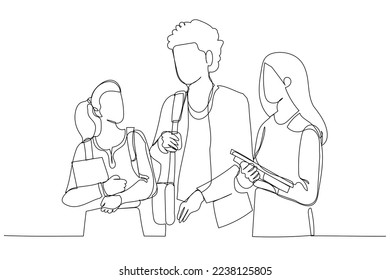 Cartoon von drei freundlich aussehenden Studenten sprechen, teilen Nachrichten drinnen. Ein kontinuierlicher Kunststil

