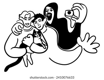 cartoon three friends with a cat in doodle style. template for print advertising poster sticker icon illustration. people in lines