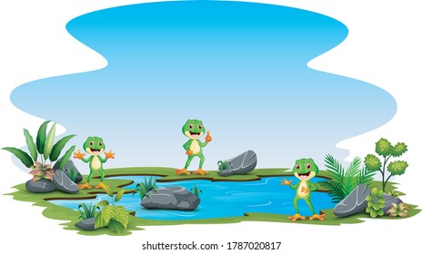 Cartoon three a frog standing around the small pond