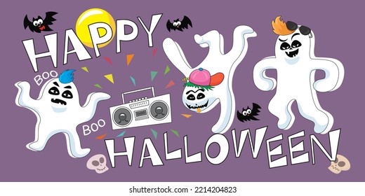  Cartoon three ghosts happy halloween, illustrator vector cartoon drawing