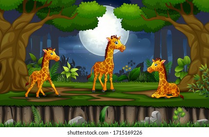 Cartoon three giraffes enjoying at the night landscape
