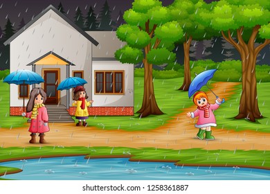 Cartoon three girl carrying umbrella under the rain in front a house