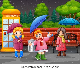 Cartoon three girl carrying umbrella under the rain in the city park