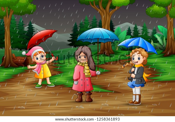 Cartoon three girl carrying umbrella under the\
rain in the forest