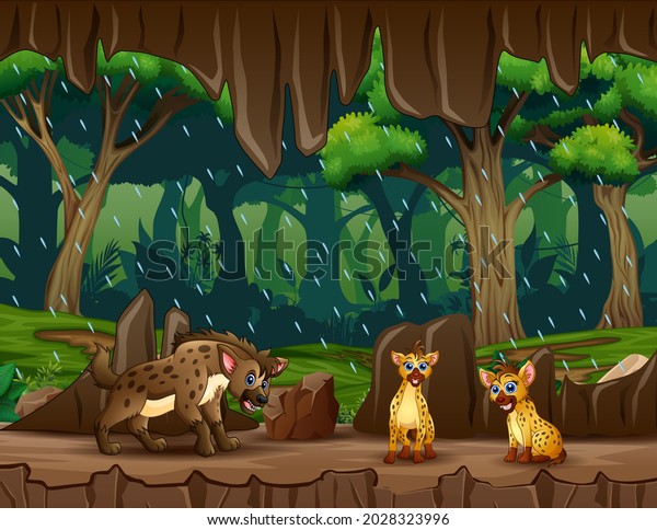 Cartoon\
three of hyenas in the cave entrance\
illustration