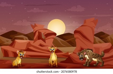 Cartoon of three hyenas in the desert at sunset