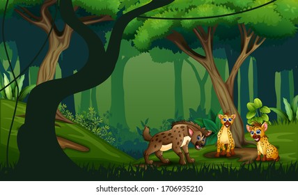 Cartoon three hyenas in a tropical jungle rainforest background