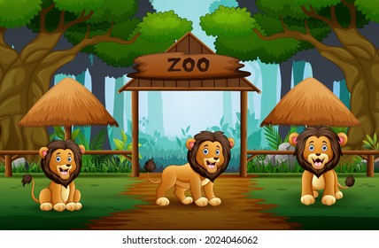 Cartoon three of lions at the open zoo