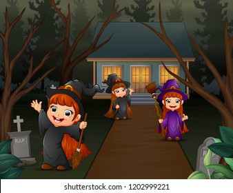 Cartoon three long haired witch children