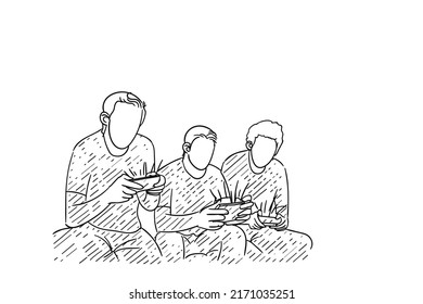 Cartoon of three man chilling out together while playing smart phone. Vector illustration design