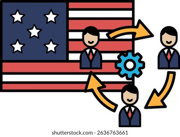 A cartoon of three men smiling and pointing to the American flag. The cartoon is about the importance of collaboration and teamwork