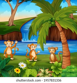 Cartoon three of monkeys by the river