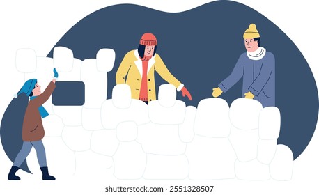 A cartoon of three people building a snow fort