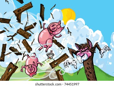 Cartoon Of Three Pigs And The Big Bad Wolf