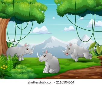 Cartoon three of rhinos playing in nature landscape