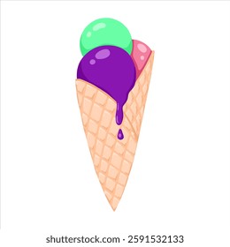 Cartoon three scoops of ice cream in a waffle cone. Purple, pink and green summer tasty cold desserts. Trendy print for cafe poster, sticker or flyer. Hand drawn vector illustration 