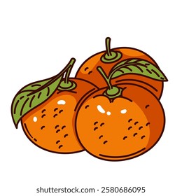 Cartoon three tangerines. Funny retro mandarins, symbol of Chinese lunar New Year. Fruit mascot, cartoon cute orange tangerines with green leaves sticker of 70s 80s style vector illustration