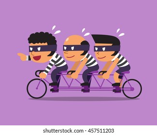 Cartoon three thieves ride tandem bicycle