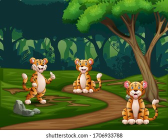Cartoon three tigers enjoying at forest