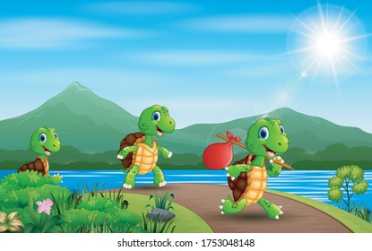 Cartoon three turtles running at the road