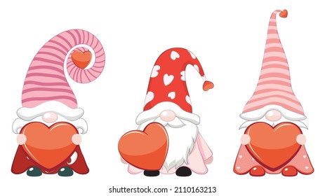 Cartoon three Valentine's day gnomes with red hearts illustration.